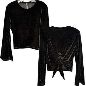 Design Lab Black Velvet Bell Sleeve Tie Back Top Medium
